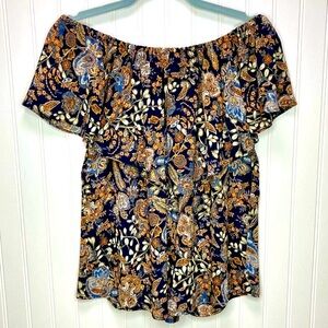 Veronica M Size M Navy/Black brown floral print top on off the shoulder ruffle